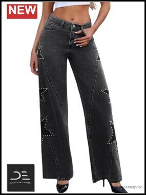 Vintage Women Baggy Low Rise Wide Leg Star Pearl Jeans Retro Y2K Denim Party